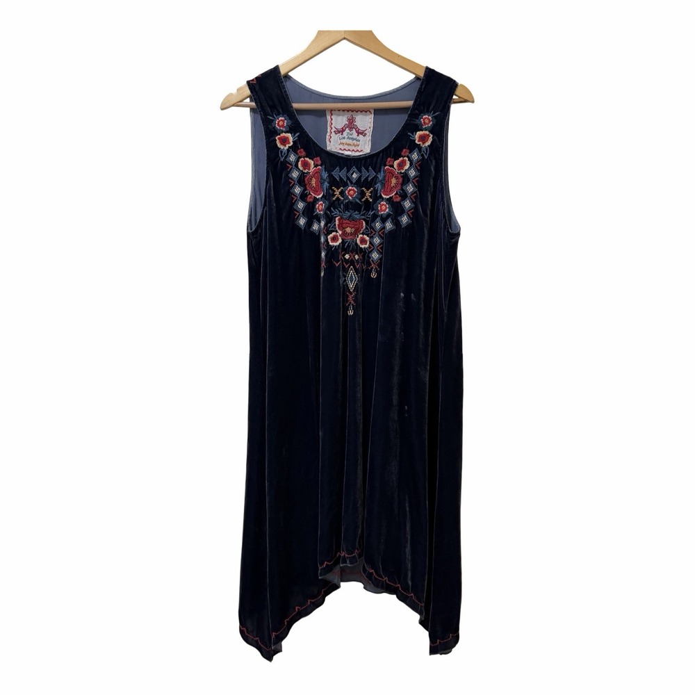 Johnny Was Womens Velvet Embroidered Floral Mini Dress Size L Blue Boho Peasant